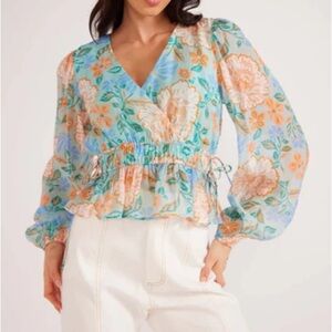 MINKPINK V-Neck Sheer Top Blue Medium